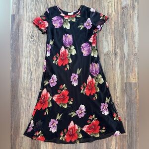 Mosaic S/S Dress Size 14 Black Purple Red Floral Sequins Sheer Overlay Long Maxi